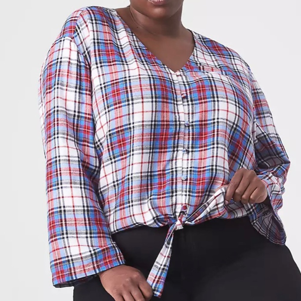 Lane Bryant Classic Button-Down Tie-Hem Top Plaid, Size 24, NWT
